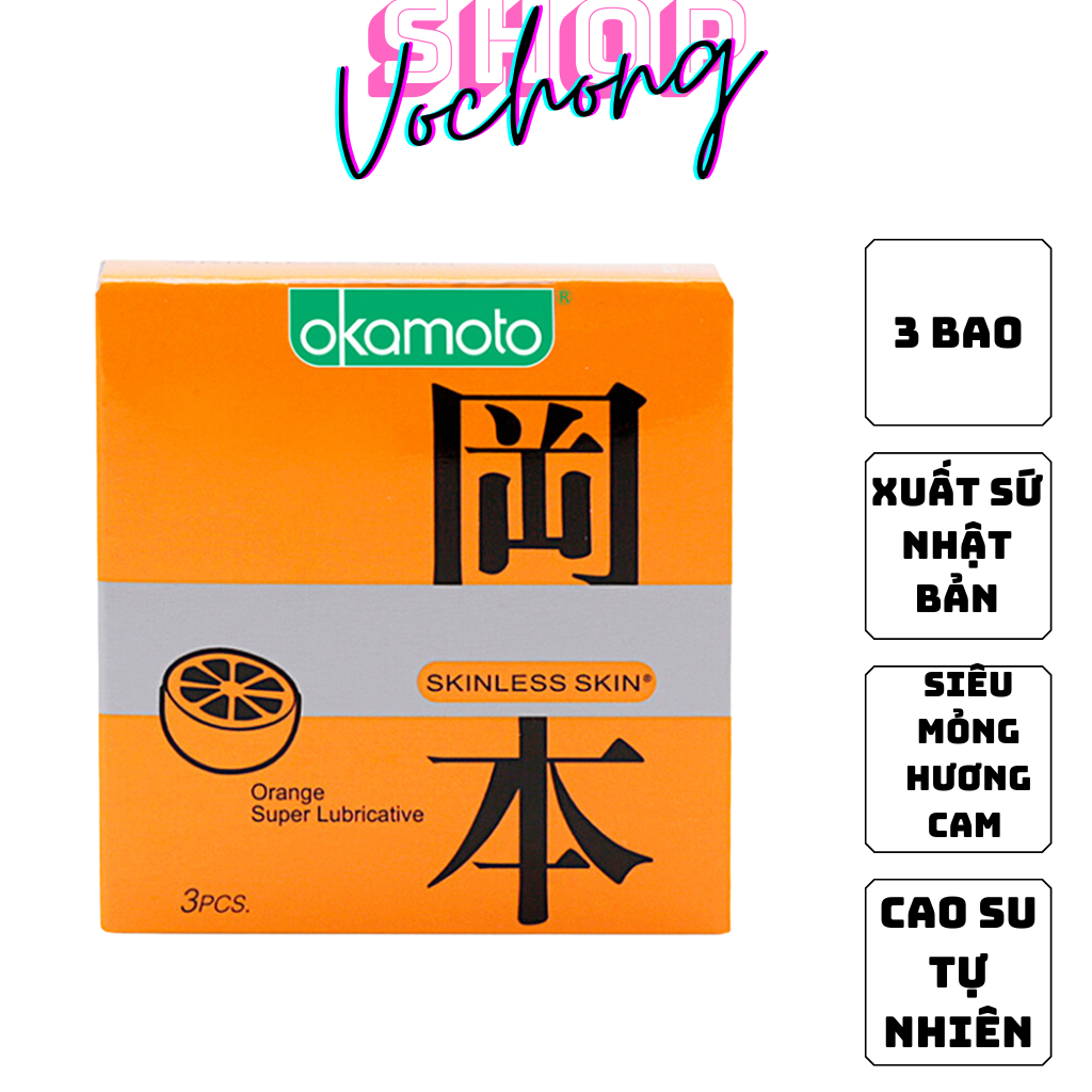 Bao cao su siêu mỏng hương cam Okamoto Skinless Skin Orange Lubricated 3 cái/hộp