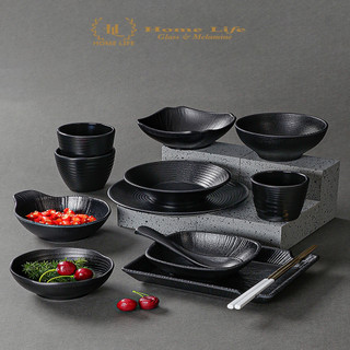 Bộ bát đĩa melamine đen nhám vân xoáy | tô_đĩa_đen_nhám_vân xoáy cao cấp đài loan - bộ bát đĩa đen mờ nhà hàng 2023