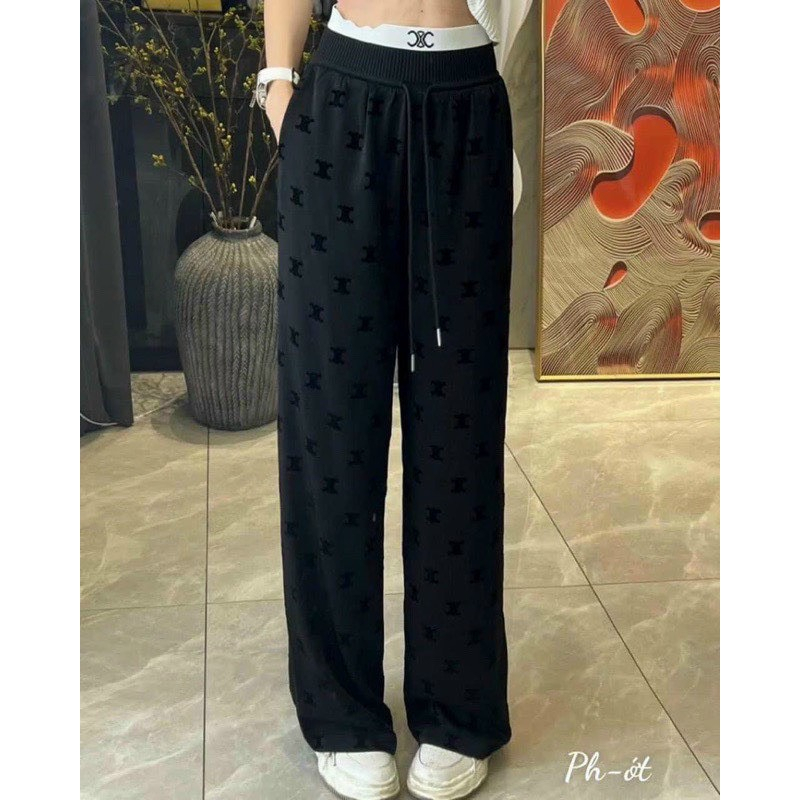 Quần Suông Lụa Đen Cạp Len Hoạ Tiết Dập Nổi Hot Trend 2023-mã 55
