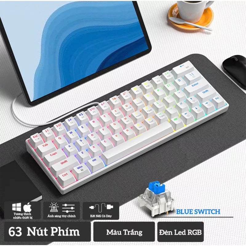 Bàn Phím Cơ Kết Nối Dây Type-C KA6406  63 Phím Màu Trắng Đen/Hồng Trắng/Đen/Trắng | GEARBROS