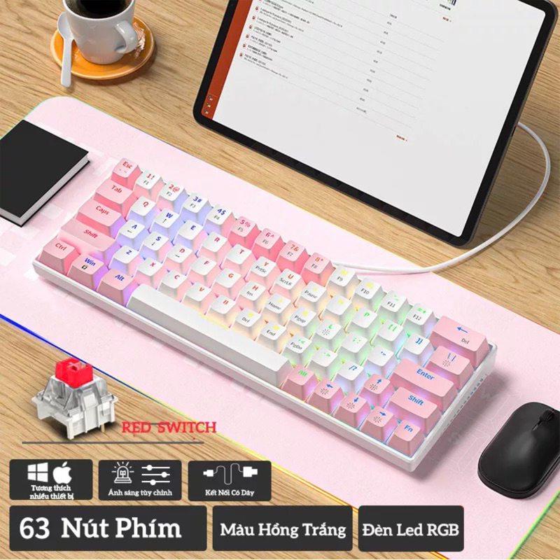 Bàn Phím Cơ Kết Nối Dây Type-C KA6406  63 Phím Màu Trắng Đen/Hồng Trắng/Đen/Trắng | GEARBROS