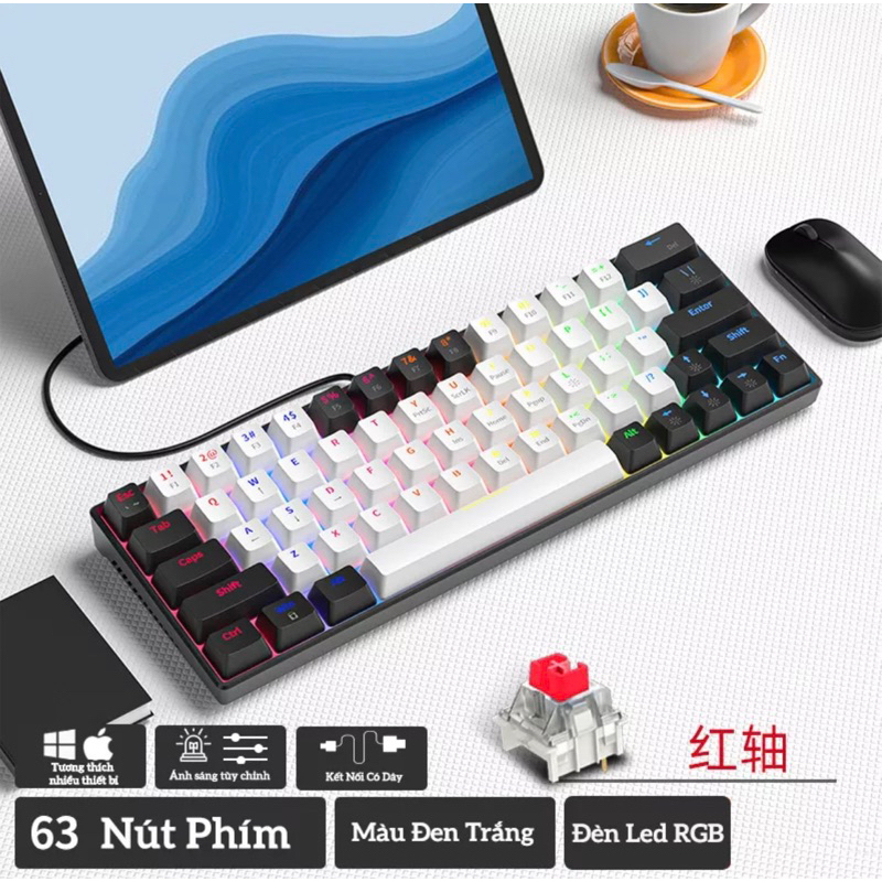 Bàn Phím Cơ Kết Nối Dây Type-C KA6406  63 Phím Màu Trắng Đen/Hồng Trắng/Đen/Trắng | GEARBROS