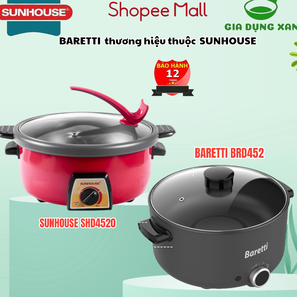Nồi Lẩu Điện SUNHOUSE SDH4520 HOẶC BARETTI BRD452 Đa Năng 3 Lít Dành Cho Gia Đình 3 Đến 6 người