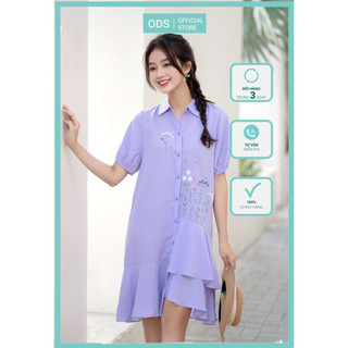 Đầm sơ mi ODS thiết kế thêu hoa, bèo đuôi cá, gài nút dọc thân, tay ngắn phồng, thời trang, dễ mặc, trẻ trung - SIA16