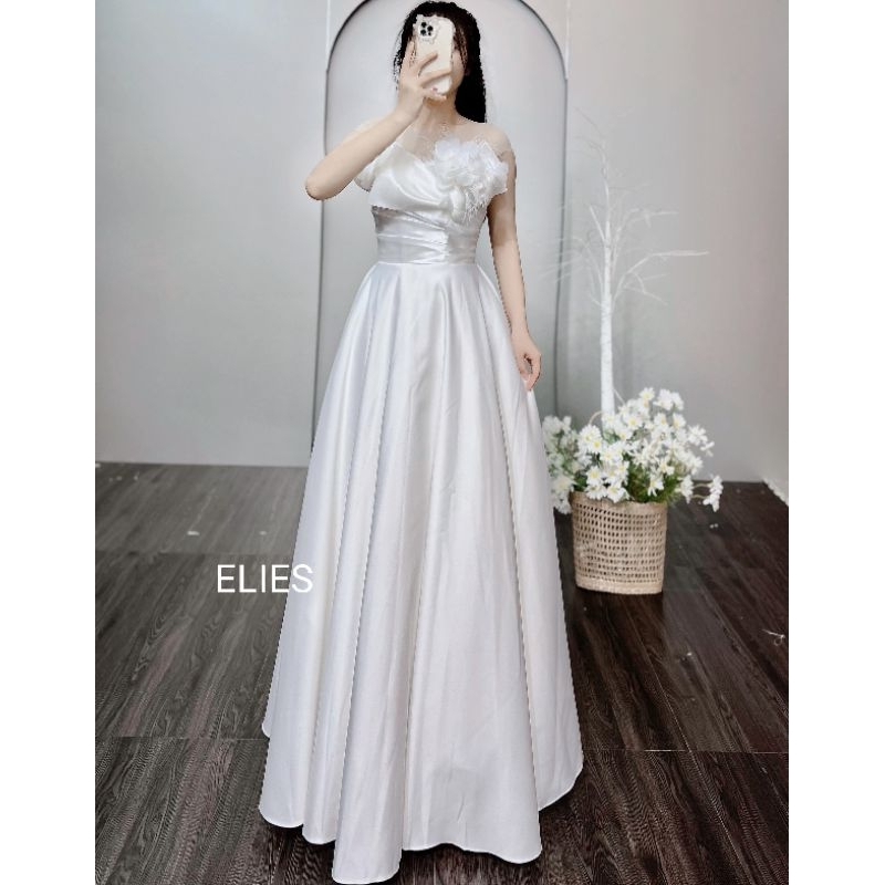 ELIES Đầm cưới cúp ngực trắng, váy cưới cô dâu đi bàn nơ ngực