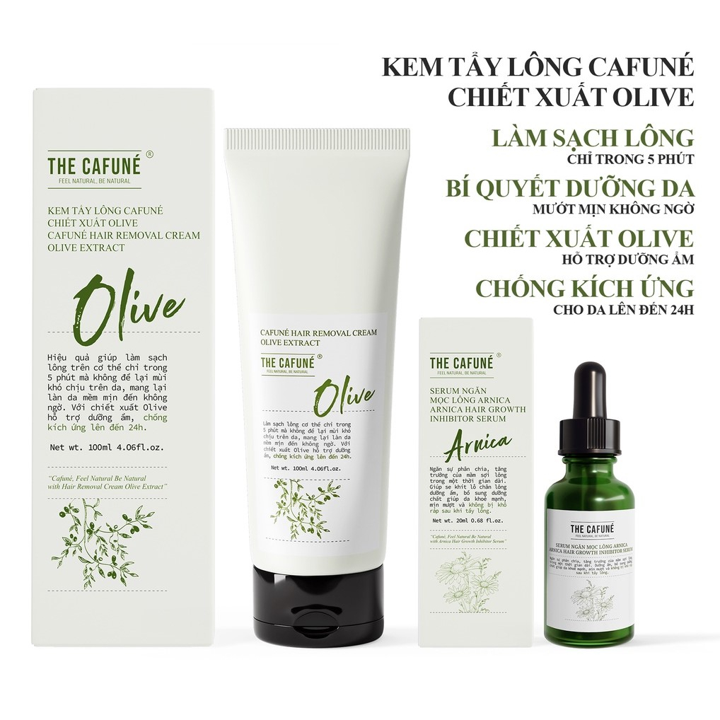 Combo Kem Tẩy Lông Olive và Serum Ức Chế Mọc Lông Arnica Cafuné triệt lông cho vùng kín, bikini, chân, tay, nách 100ml