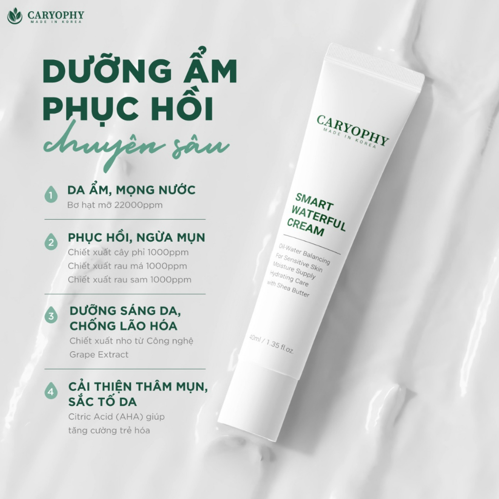 Kem Dưỡng Cấp Nước Và Phục Hồi Da Mụn Caryophy Smart Waterful Cream (40ml)