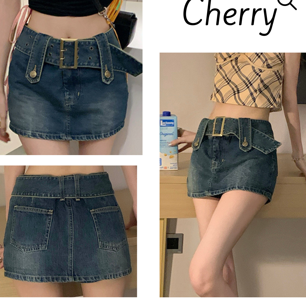 Chân váy jean ngắn CHERRY dáng chữ A có đai eo cao phong cách Hàn Quốc, Chân váy bò ngắn cạp cao tôn dáng T081 | BigBuy360 - bigbuy360.vn