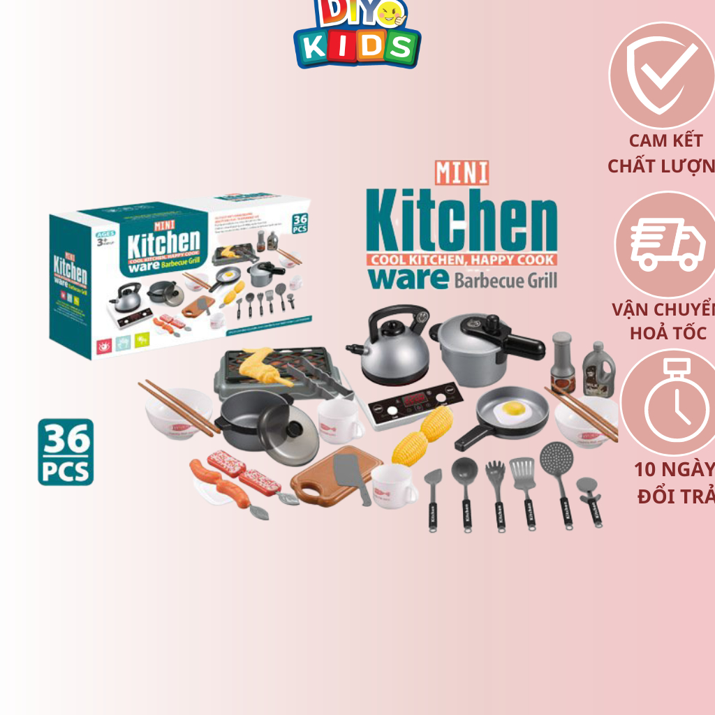 Bộ Đồ Chơi Nhà Bếp Nấu Ăn 36 Món Cho Bé, Bếp Từ Dùng Pin Có Âm Thanh Khi Nấu Ăn - Đồ Chơi Sáng Tạo DiYo Kids