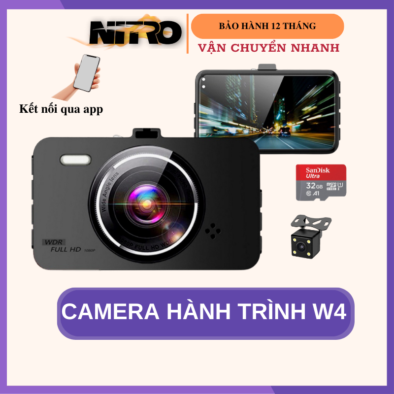 Camera hành trình ô tô W4, camera wifi kết nối điện thoại, quay trước sau góc rộng siêu nét Bảo Hành 12 Tháng