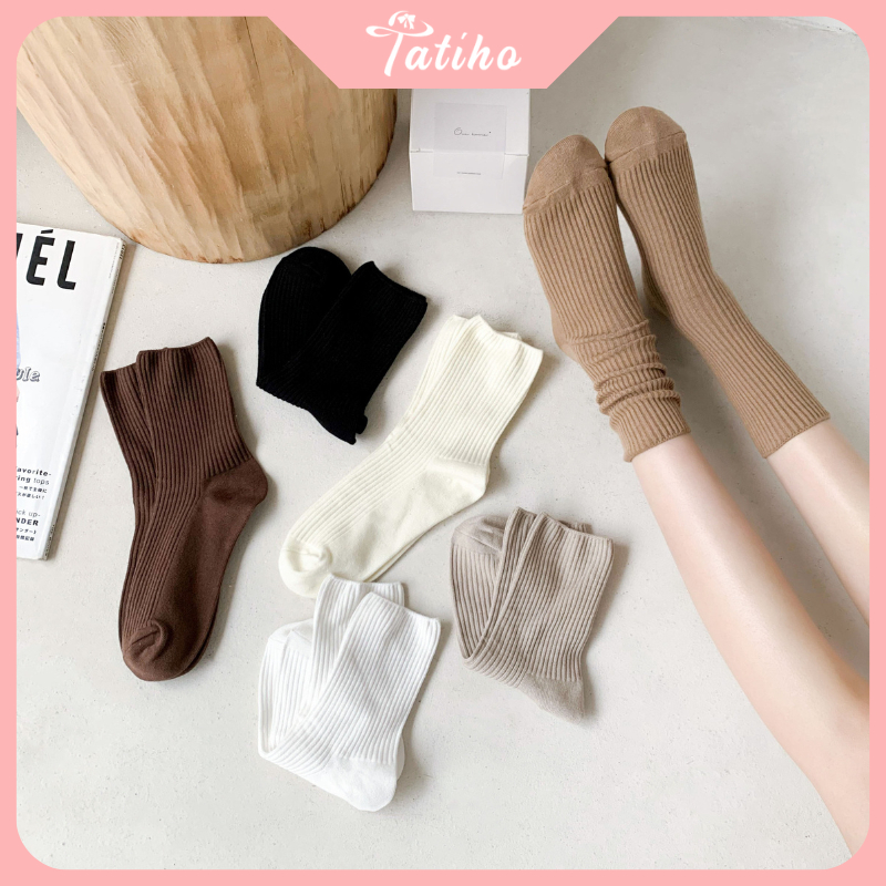 Vớ tất cổ cao unisex nam nữ chất liệu cotton mềm mịn họa tiết trơn phong cách vintage thời trang thu đông - mã TV037