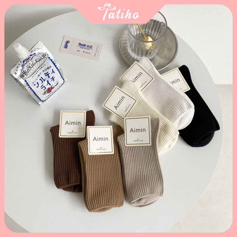 Vớ tất cổ cao unisex nam nữ chất liệu cotton mềm mịn họa tiết trơn phong cách vintage thời trang thu đông - mã TV037