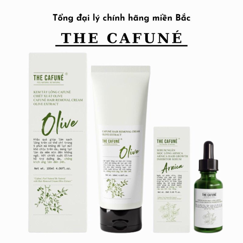 Combo Kem Tẩy Lông Olive và Serum Ức Chế Mọc Lông Arnica Cafuné triệt lông cho vùng kín, bikini, chân, tay, nách 100ml
