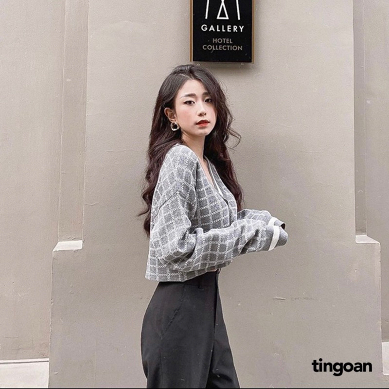PASS TINGOAN CARDIGAN CROP CARO XÁM