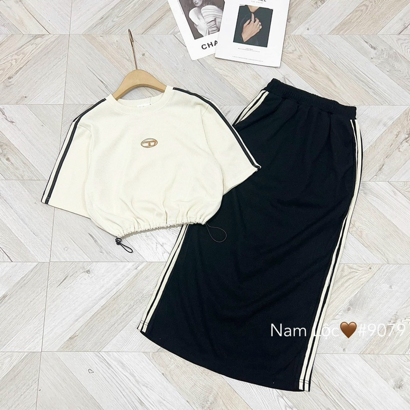sét áo croptop rút eo + cvay dài