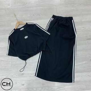 sét áo croptop rút eo + cvay dài
