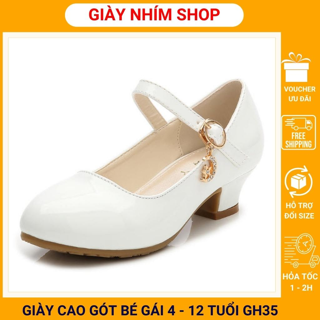 Giày cao gót bé gái màu trắng da bóng sành điệu NHÍM SHOP cho trẻ em nữ trình diễn thời trang văn nghệ múa khiêu vũ GH35