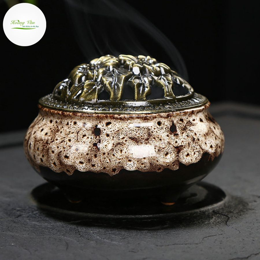 Lư xông trầm gốm sứ màu Đen vân trắng - Tặng kèm 2 nụ trầm