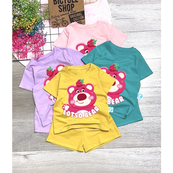 Bộ đồ bé gái-mẫu gấu dâu lotso bear DUI05 chất vải mát thấm hút mồ hôi-mã DUI05