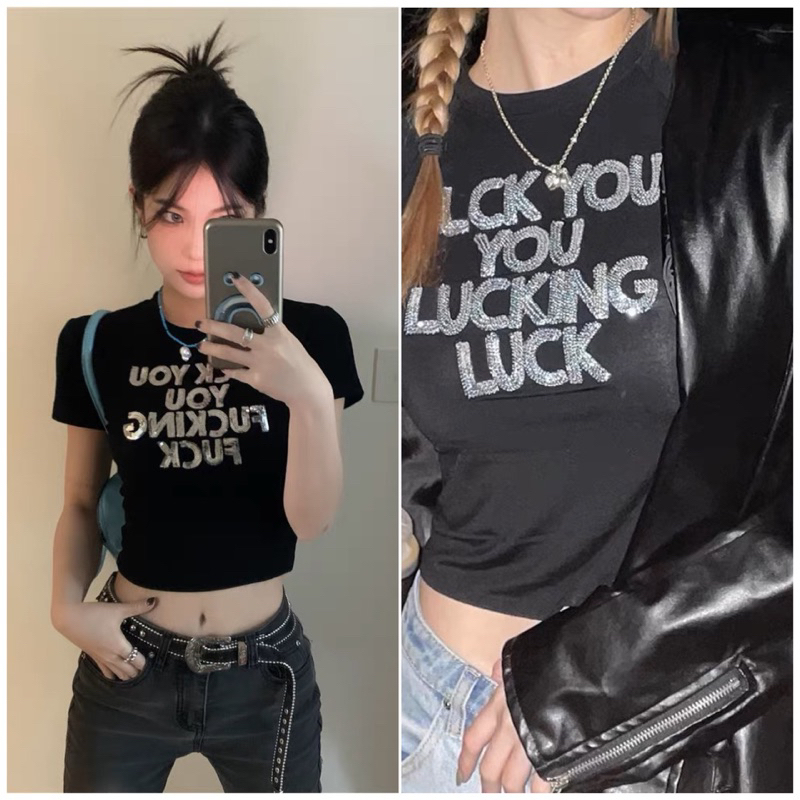 (HỎA TỐC) Áo babytee y2k Unnie áo croptop tay con đính cườm lấp lánh LUCK YOU