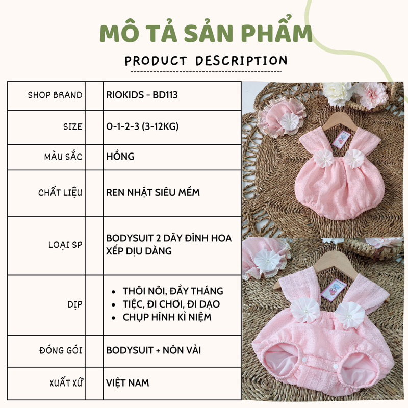 Bodysuit dây hồng RIOKIDS cho bé gái sơ sinh thôi nôi, đầy tháng, đi chơi, Lễ Tết BD113