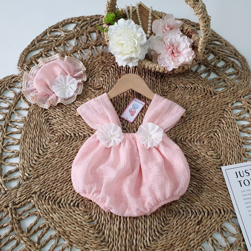 Bodysuit dây hồng RIOKIDS cho bé gái sơ sinh thôi nôi, đầy tháng, đi chơi, Lễ Tết BD113