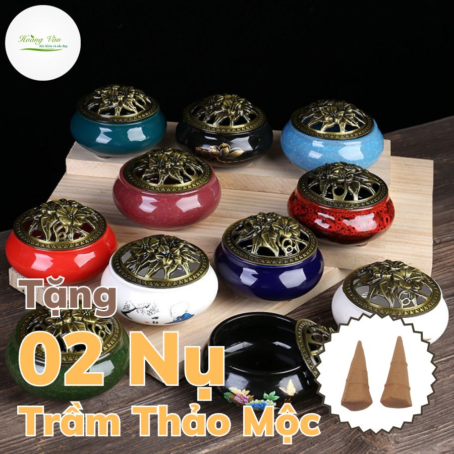 Lư xông trầm gốm sứ màu Đen vân trắng - Tặng kèm 2 nụ trầm