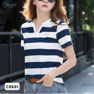 Áo thun có cổ, thiết kế sọc ngang đơn giản, cổ bẻ, hiện đại, dễ phối đồ cho mẹ Thiều Hoa AN2C0601