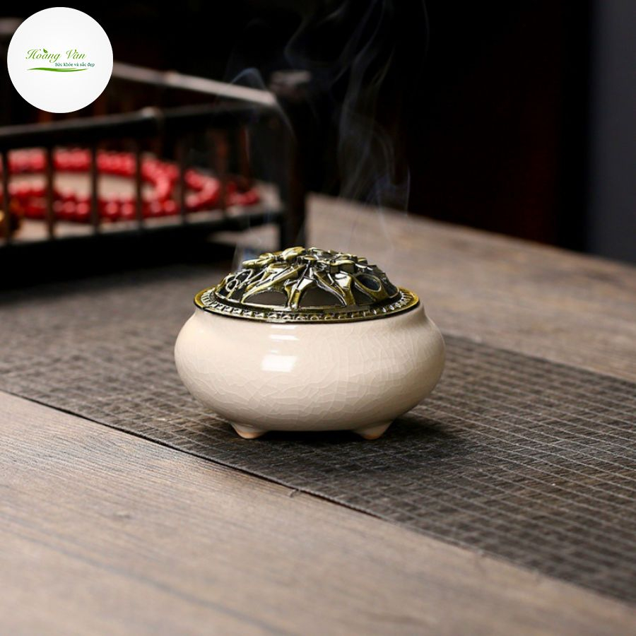Lư xông trầm gốm sứ màu Trắng - Tặng kèm 2 nụ trầm