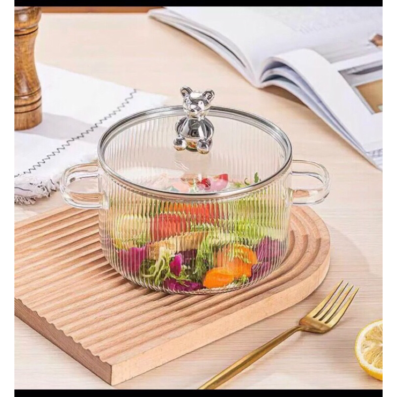 Nồi Thuỷ Tinh Đa Năng, Nồi Thuỷ Tinh Chịu Nhiệt Chịu Lực Cao Cấp 1.7L, Nồi Thuỷ Tinh Nắp Gấu Đáng Yêu