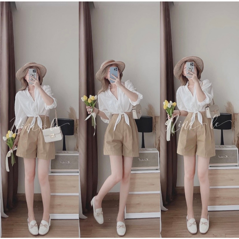 Set bộ đi biển, áo sơ mi croptop cổ V thắt eo tay lỡ phối quần short ống rộng chun sau siêu xinh