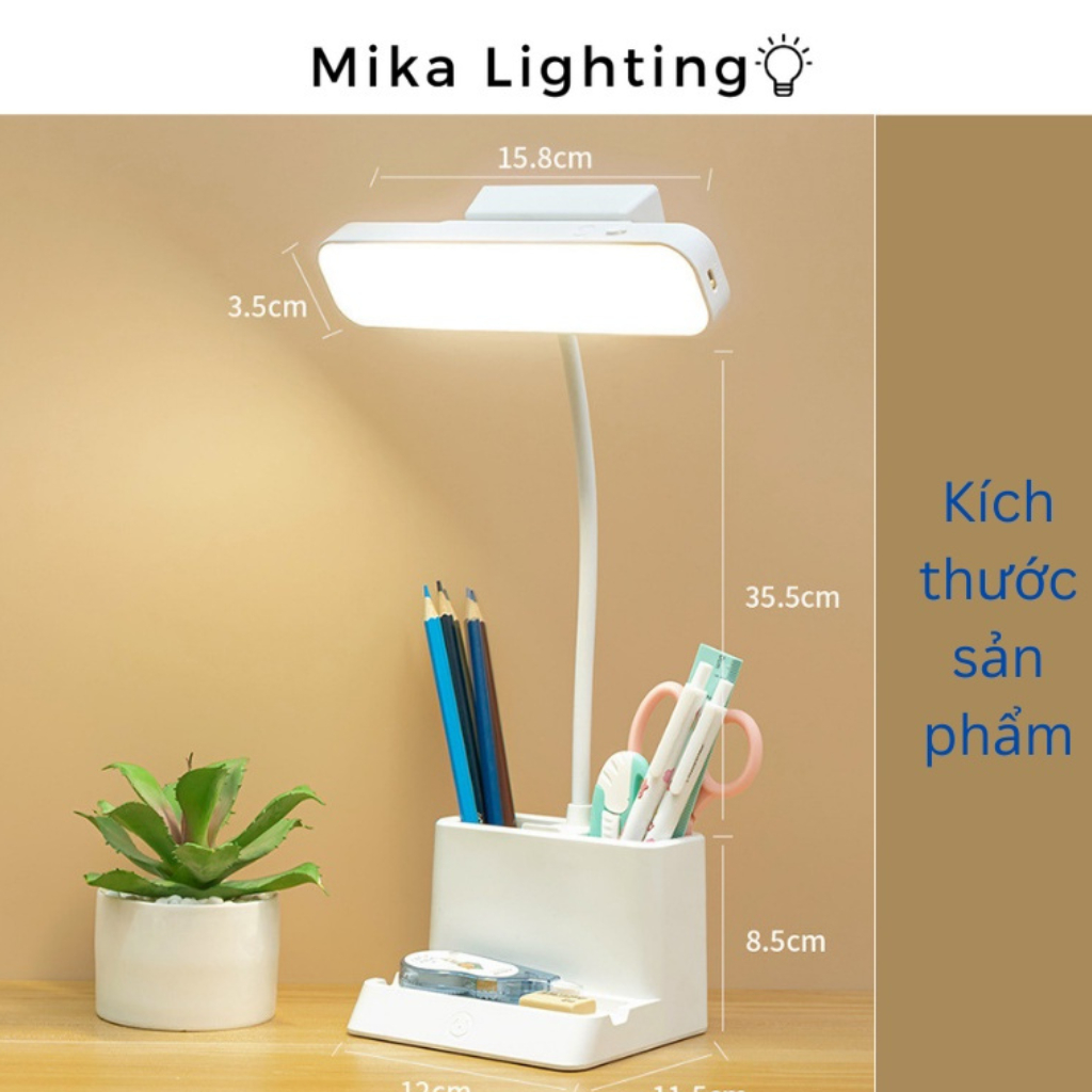 Đèn bàn học LED bảo vệ mắt đế hộp bút, giá để điện thoại tích hợp Pin dung lượng cao nhiều chế độ ánh sáng.