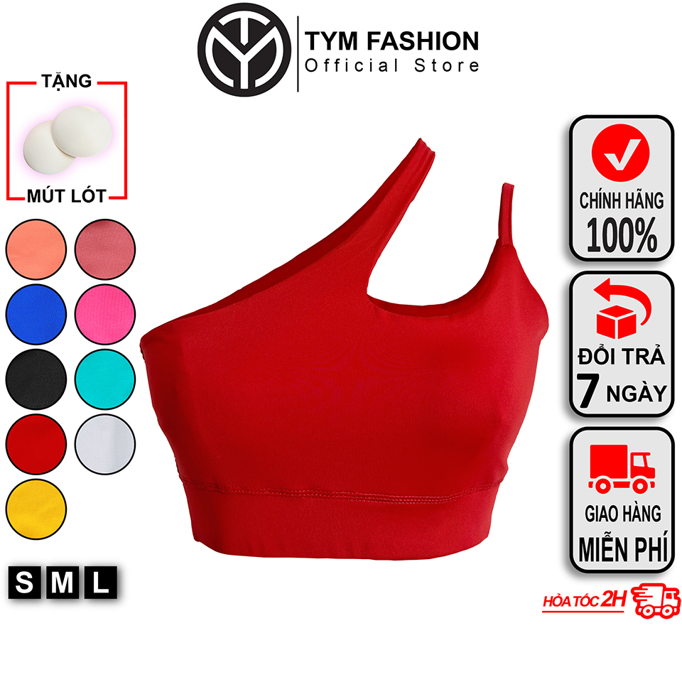 Áo Bra tập gym yoga lệch vai 2 lớp Nữ TYM - vải thun Poly co dãn thoáng mát - tặng kèm mút lót AWT002