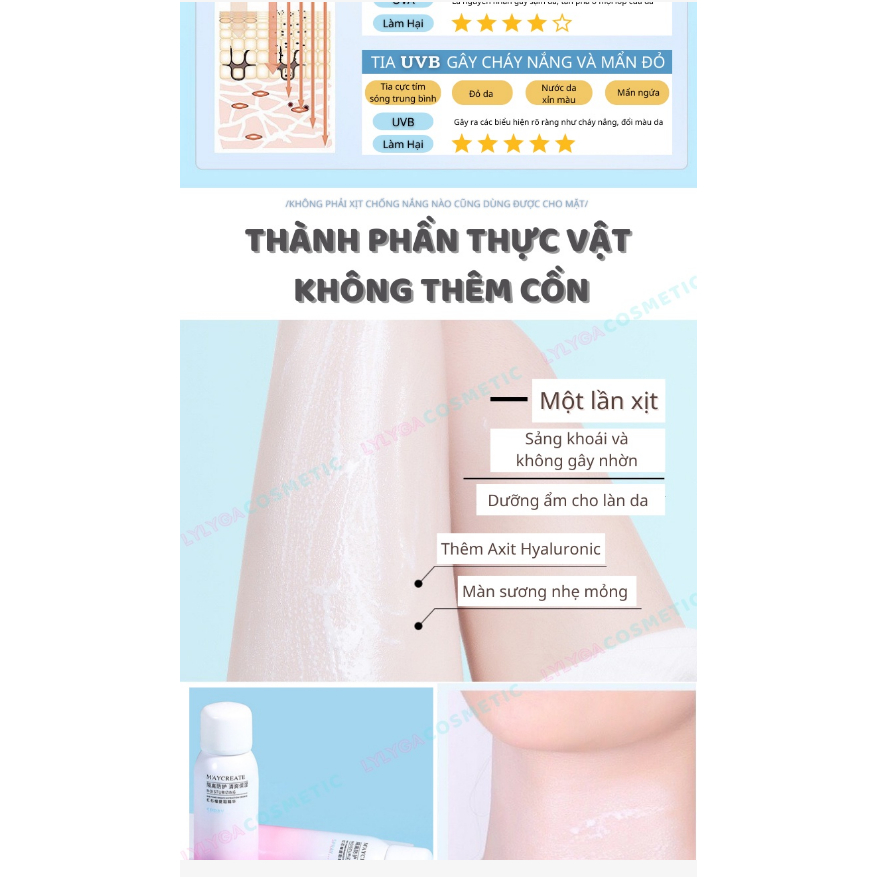 Xịt chống nắng Maycreate trắng da, Nâng tone da sáng hơn, kem chống nắng trắng da nâng tone body 150ml