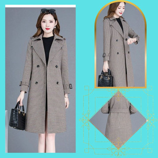 Áo dạ tweed, áo khoác dạ kẻ caro dáng dài cổ vest dạng măng tô phối vai thanh lịch quảng châu cao cấp