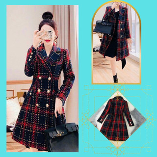 Áo khoác dạ tweed, áo dạ dài, áo khoác blazer cổ vest caro cao cấp phối màu đỏ đen sang trọng cao cấp quảng châu