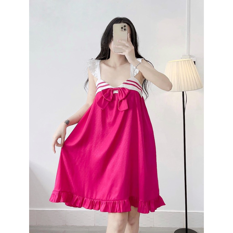 Váy ngủ 2 dây, đầm ngủ bigsize tay cánh tiên nơ phối màu cực lạ DN117
