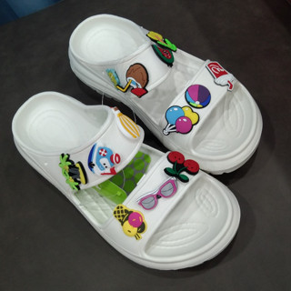 Dép Crocs Nữ 2 Quai Ngang Gắn Sticker Dễ Thương Đế Độn Cao 6cm Màu Trắng, Đen