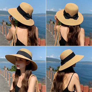 Mũ cói đi biển đai nơ đen cho bạn gái nón cói phong cách Hàn Quốc