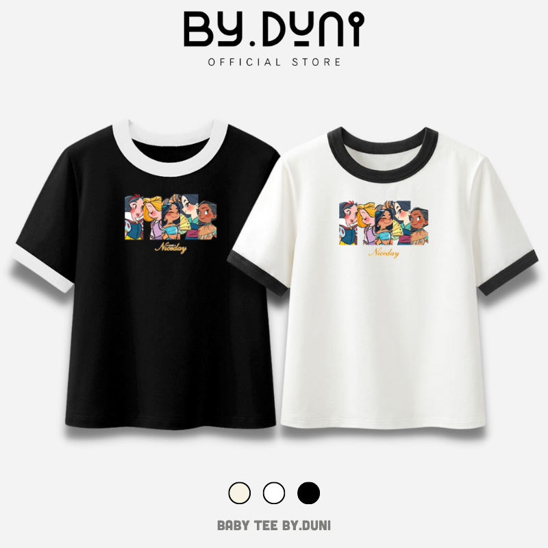 Áo Thun Baby Tee By.duni mẫu NICE DAY Unisex, áo cặp bạn thân màu đen trắng phối viền tay chất vải cotton có bigsize