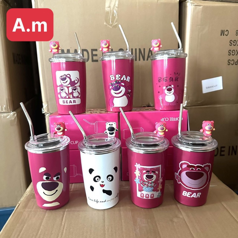 Cốc giữ nhiệt gấu dâu Losto tiện dụng kèm túi và ống hút bằng thép không gỉ, inox 304 cao cấp dung tích 450ml | BigBuy360 - bigbuy360.vn