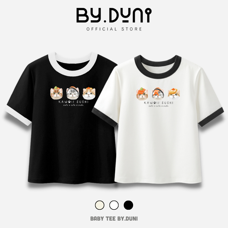 Áo Thun Baby Tee By.duni mẫu Mèo Sushi Unisex, áo cặp bạn thân màu đen trắng phối viền tay chất vải cotton có bigsize