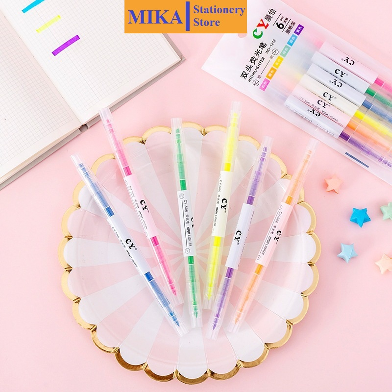 Bút nhớ Bút highlight Bút dạ quang đánh dấu 2 đầu cute set 6 bút nhiều màu dành cho học sinh, sinh viên BN07