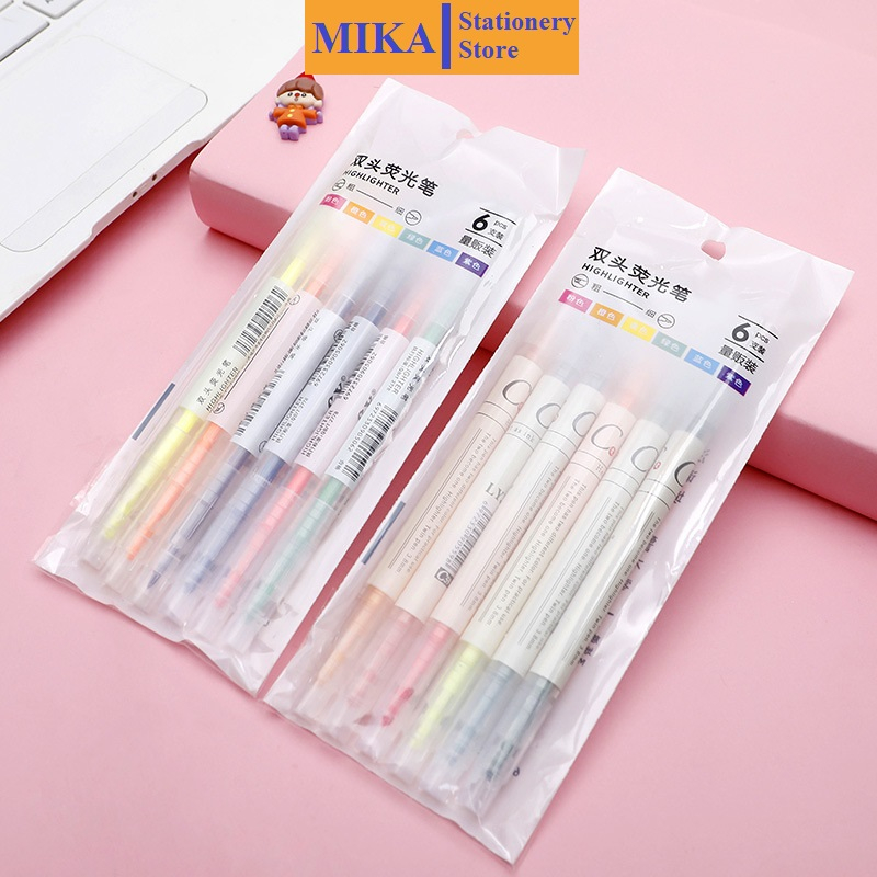 Bút nhớ Bút highlight Bút dạ quang đánh dấu 2 đầu cute set 6 bút nhiều màu dành cho học sinh, sinh viên BN07