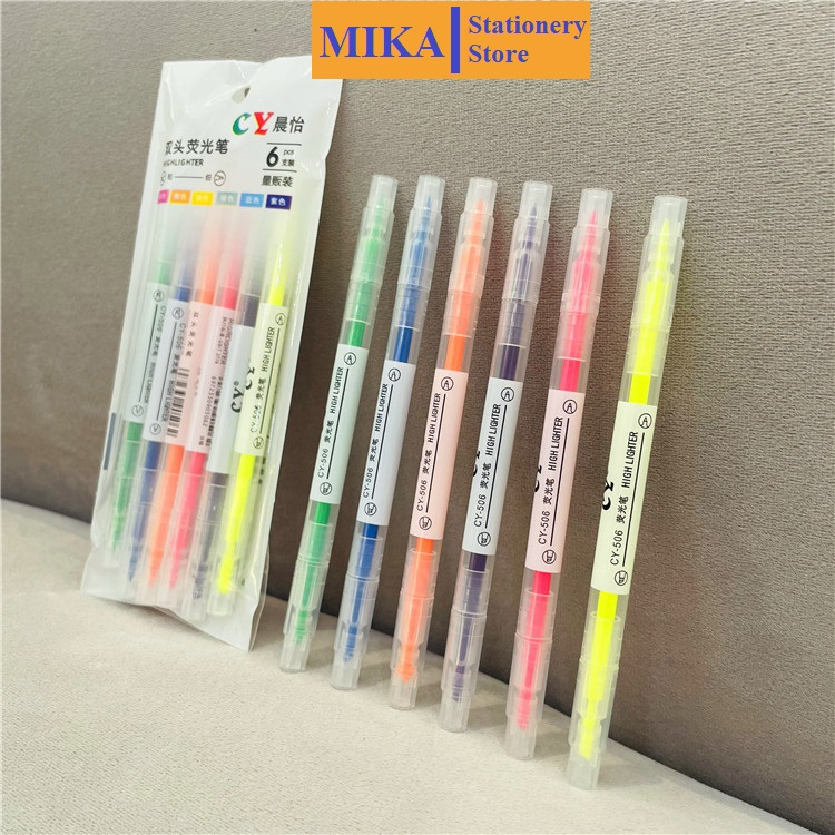 Bút nhớ Bút highlight Bút dạ quang đánh dấu 2 đầu cute set 6 bút nhiều màu dành cho học sinh, sinh viên BN07