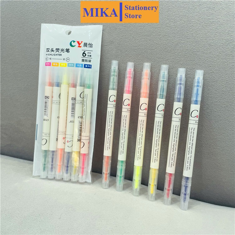 Bút nhớ Bút highlight Bút dạ quang đánh dấu 2 đầu cute set 6 bút nhiều màu dành cho học sinh, sinh viên BN07