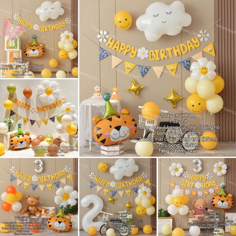 (NHIỀU MẪU) Set bóng hình hổ, mây, hoa cúc, gấu trang trí sinh nhật, thôi nôi, party cho bé trai và bé gái