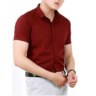 Áo sơ mi mi nam ngắn tay màu đỏ đô vải chống nhăn