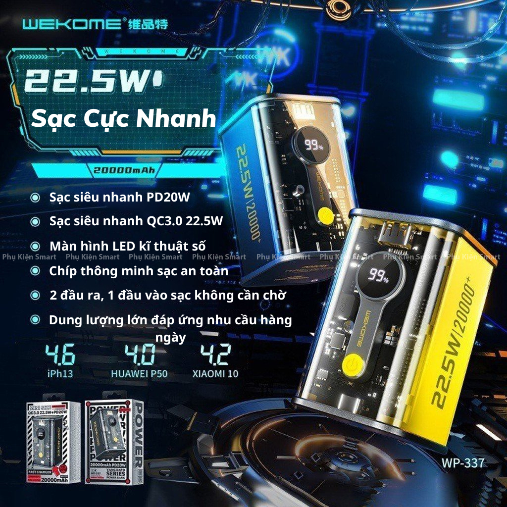 Sạc dự phòng trong suốt WP-333/ 337, pin dự phòng dung lượng 10000/ 20000mAh, sạc nhanh - PD 20W và QC 22.5W