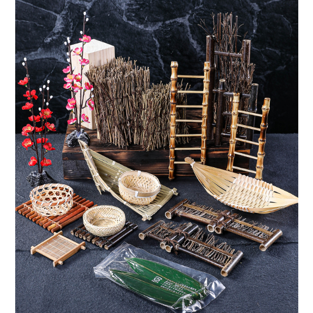 Trang trí đĩa sashimi Nhật Bản Hàng rào tre/Bè tre/ bó tơ tre/ thuyền tre/ xuồng tre